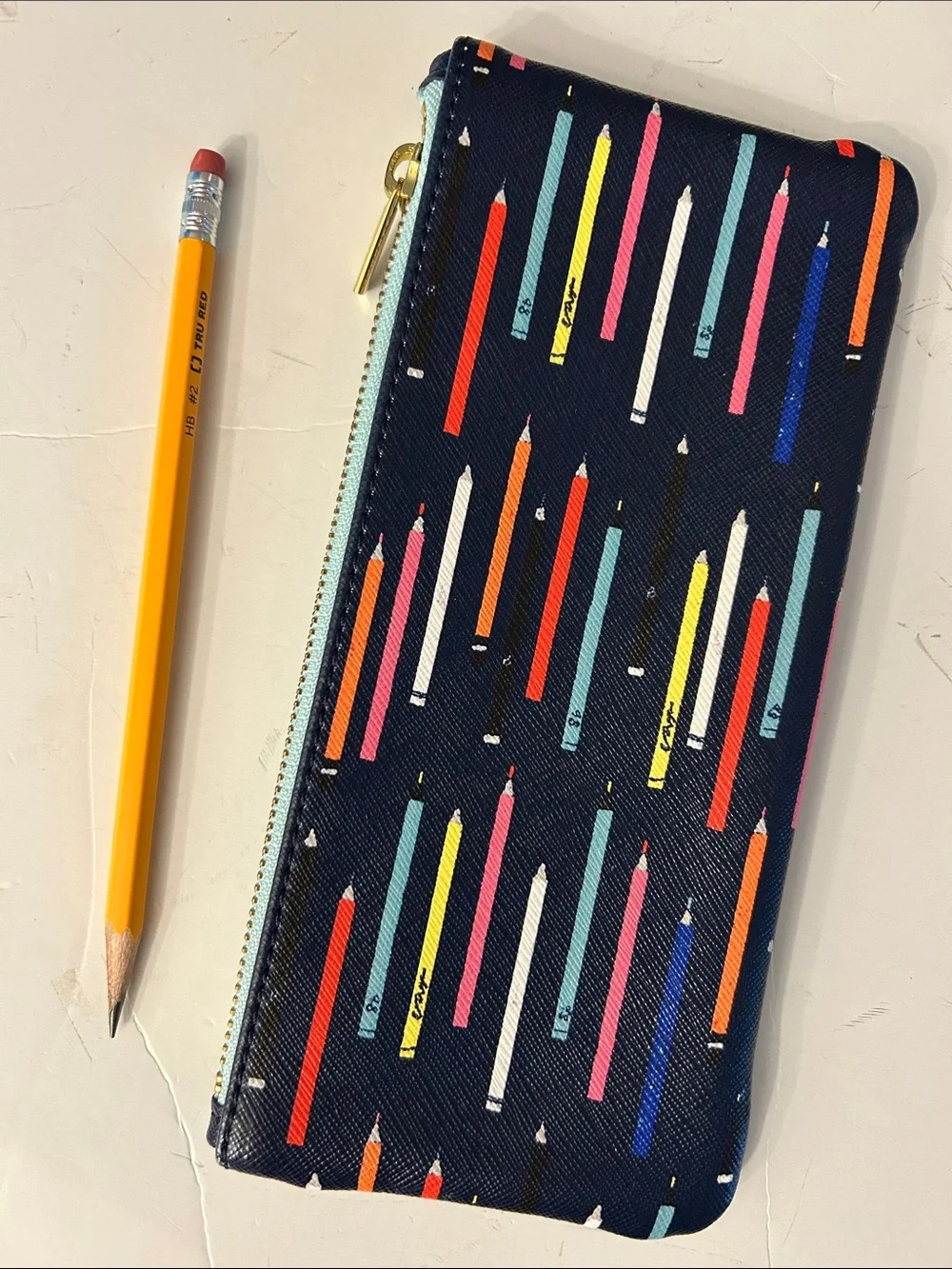 Anthropologie Navy Pencil Print Zip Pouch with Multicolor Accents